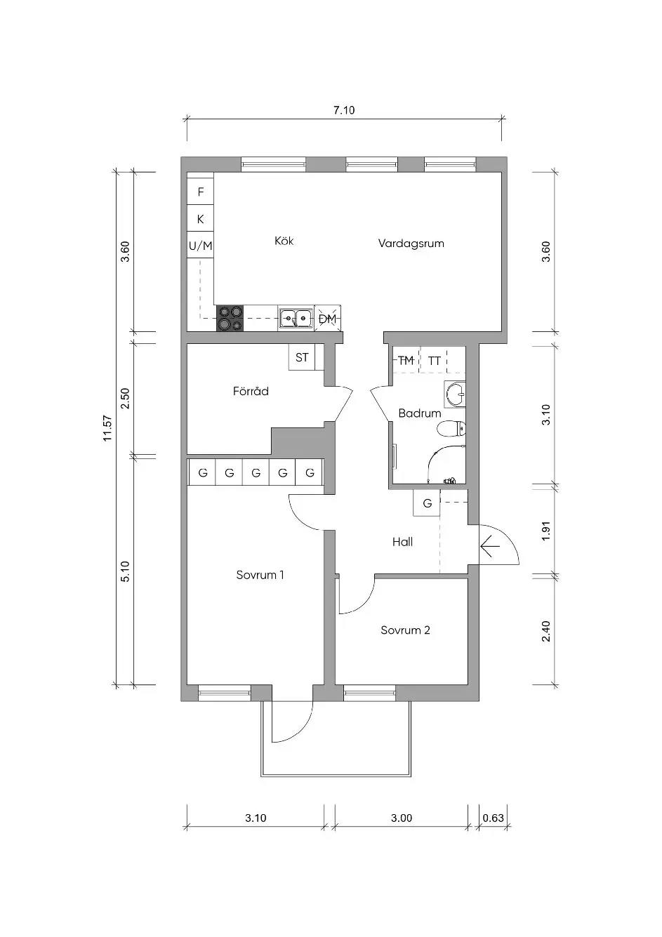 Planritning för Schaktmästaregatan 12B Lgh 211
