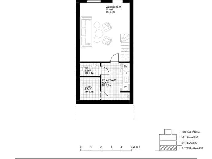 Planritning för Arkitektritat radhus mitt i familjevänliga Väsjön!