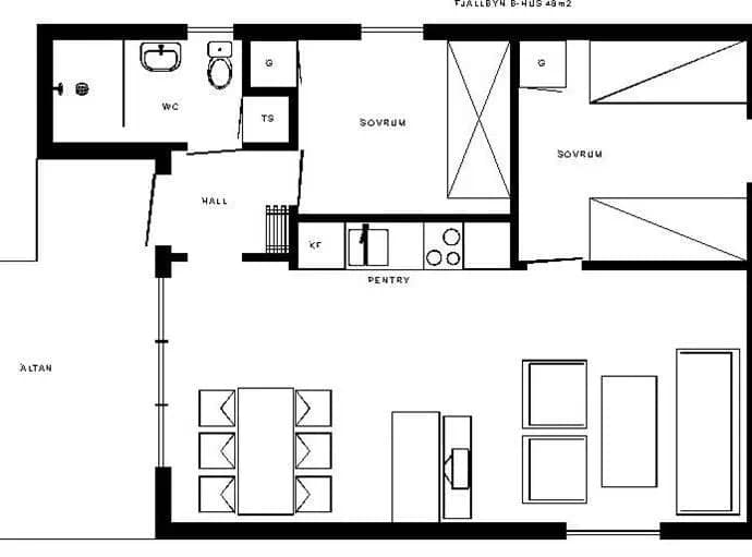 Planritning för Brf.Fjällbyn Torpvägen 8. V14, 38, 39. Hus 21B