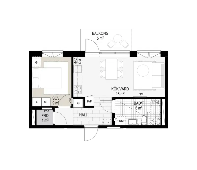 Apartment, 1 room, 34 m²