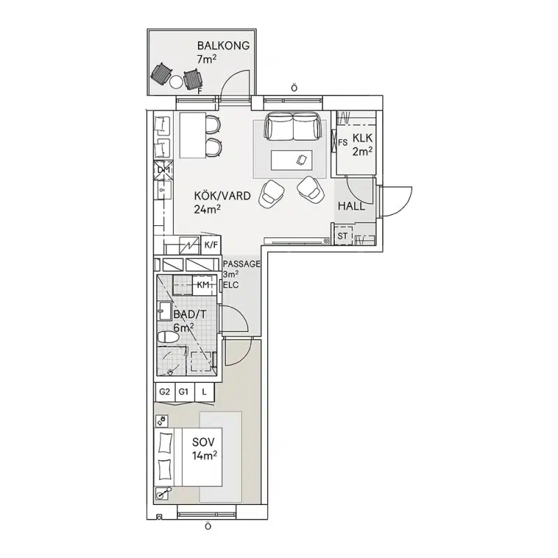 Apartment, 2 rooms, 51 m²