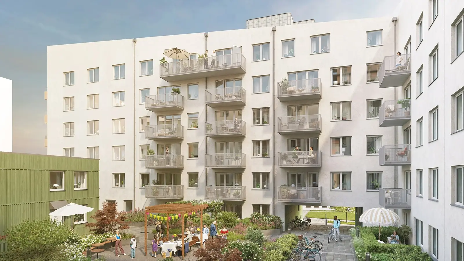 Illustration av innergården med pergola